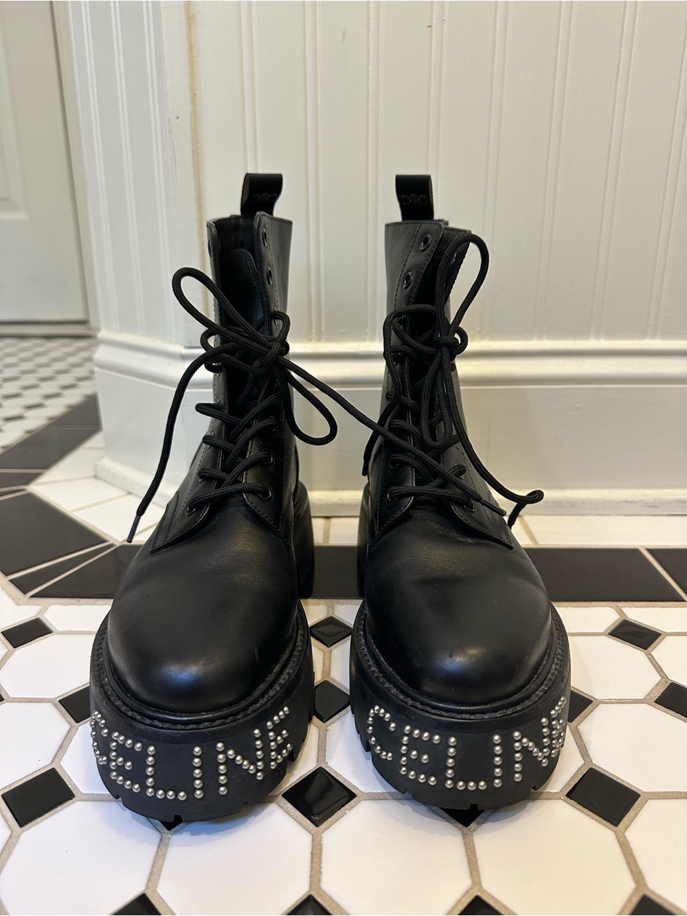 Celine Black Leather Lace-Up Platform Boots with Studded Logo